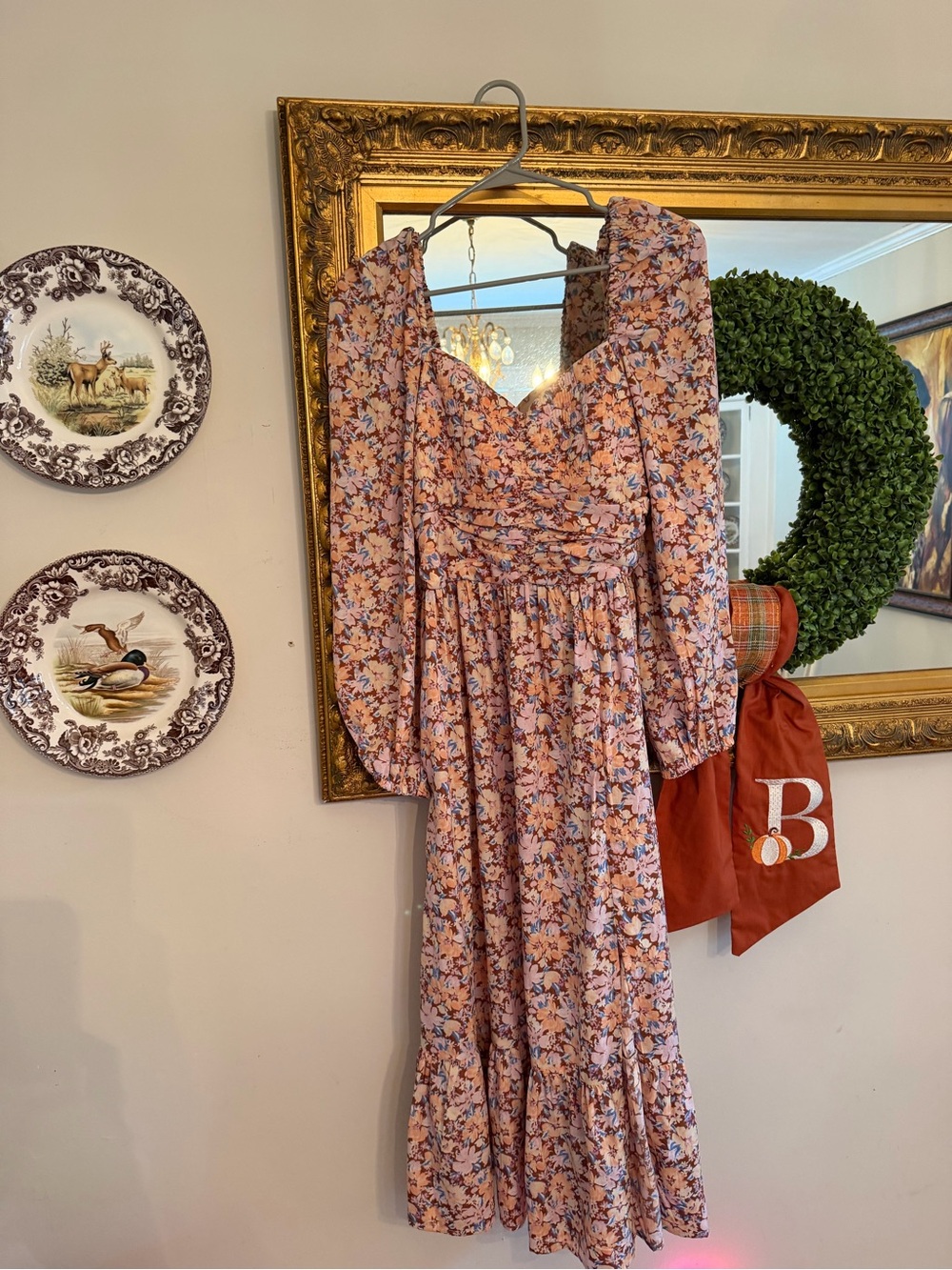 entro Peach-Pink Floral Midi Dress with Puff Sleeves